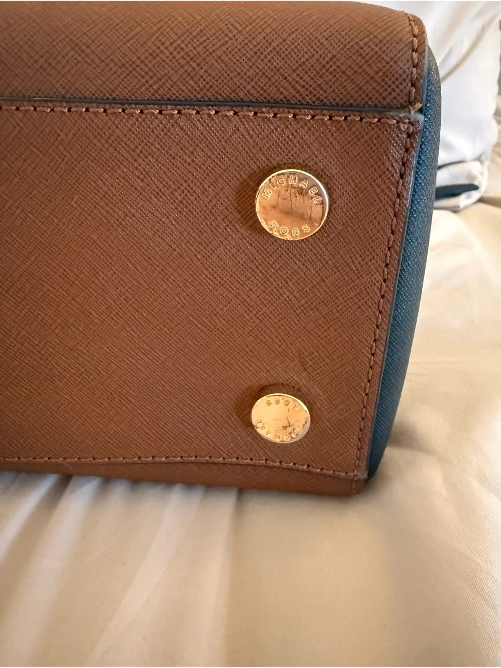 MICHAEL KORS Brown and Black Saffiano Leather Satchel with Gold Hardware